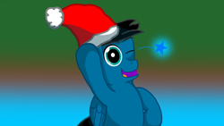 Size: 3840x2160 | Tagged: safe, artist:agkandphotomaker2000, oc, oc:pony video maker, species:pegasus, species:pony, christmas, clothing, hat, holiday, one eye closed, santa hat, simple yet cute, solo, wink
