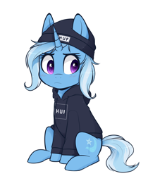 Size: 968x1150 | Tagged: safe, artist:higgly-chan, character:trixie, species:pony, species:unicorn, beanie, blushing, clothing, cute, diatrixes, drawing, female, hat, hoodie, huf, mare, simple background, sitting, solo, sweater, white background