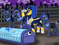 Size: 937x720 | Tagged: safe, artist:texasuberalles, character:princess luna, species:alicorn, species:bat pony, species:earth pony, species:pony, species:unicorn, armor, bat pony unicorn, cemetery, coffin, curved horn, equestrian flag, female, flag, funeral, horn, hybrid, male, mare, night guard, salute, stallion, wingless, wingless bat pony