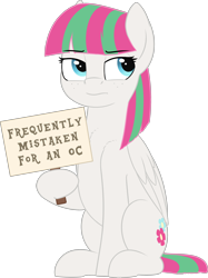 Size: 2646x3544 | Tagged: safe, artist:zippysqrl, character:blossomforth, oc, oc:blossomforth, species:pegasus, species:pony, 2019 community collab, derpibooru community collaboration, annoyed, female, holding a sign, hoof hold, mare, mistaken identity, not an oc, sign, simple background, sitting, solo, text, transparent background