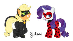 Size: 4744x2668 | Tagged: safe, artist:gutovi, character:applejack, character:rarity, ship:rarijack, applecat, chat noir, clothing, cosplay, costume, crossover, cute, female, jackabetes, ladynoir, lesbian, miraculous ladybug, raribetes, shipping, show accurate