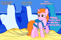 Size: 1500x1000 | Tagged: safe, artist:phallen1, oc, oc only, oc:maya northwind, species:pony, species:unicorn, beach, covered, embarrassed, female, grin, looking back, nervous, ocean, parachute, ponified oc, smiling