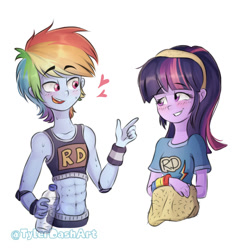 Size: 900x957 | Tagged: safe, artist:tcn1205, artist:tylerdashart, character:rainbow dash, character:twilight sparkle, species:human, ship:twidash, my little pony:equestria girls, abs, alternate hairstyle, belly button, blushing, bottle, breasts, clothing, collaboration, delicious flat chest, elbow pads, female, heart, humanized, lesbian, looking at each other, masculine mare, midriff, pony coloring, reverse trap, shipping, shirt, short hair, simple background, smiling, sports bra, sweat, towel, water, white background, wristband