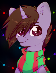 Size: 2000x2600 | Tagged: safe, artist:etoz, oc, oc only, oc:shad, species:pony, species:unicorn, bust, clothing, colt, cute, garland, happy holidays, happy new year, holiday, male, scarf, solo