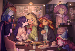 Size: 1900x1300 | Tagged: safe, artist:tcn1205, character:applejack, character:fluttershy, character:pinkie pie, character:rainbow dash, character:rarity, character:sunset shimmer, character:twilight sparkle, character:twilight sparkle (scitwi), species:eqg human, species:human, ship:rarijack, my little pony:equestria girls, cake, clothing, coat, cute, dashabetes, diapinkes, drunk, drunk rarity, female, food, glass, happy new year, holiday, humane five, humane seven, humane six, humanized, jackabetes, lesbian, pie, pony coloring, raribetes, shimmerbetes, shipping, shyabetes, wine glass
