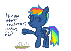 Size: 1280x917 | Tagged: safe, artist:nightshadowmlp, character:evil pie hater dash, character:rainbow dash, species:demon pony, episode:secrets and pies, g4, my little pony: friendship is magic, adorapiehater, cherry pie (food), cute, female, food, implied pie destruction, new year's eve, new year's resolution, pie, pie tin, pure unfiltered evil, simple background, solo, squashed, text, transparent background, upside down