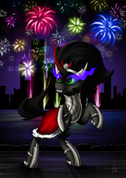Size: 905x1280 | Tagged: safe, artist:cafecomponeis, character:king sombra, species:pony, species:unicorn, 2019, armor, city, crown, cute, evil, fireworks, grin, happy new year, holiday, implied manehattan, jewelry, male, regalia, smiling, solo, sombradorable