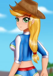 Size: 724x1034 | Tagged: safe, artist:focusb, character:applejack, species:human, g4, my little pony: equestria girls, applebutt, ass, clothing, cowboy hat, female, freckles, hat, humanized, looking at you, looking back, looking back at you, solo, stetson, swimsuit
