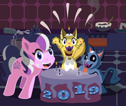 Size: 2513x2117 | Tagged: safe, artist:magerblutooth, character:diamond tiara, oc, oc:dazzle, oc:peal, species:earth pony, species:pony, comic:diamond and dazzle, batter, bowl, cake, cake batter, candle, cat, flour, food, happy new year, happy new year 2019, holiday, mixing bowl, oven, sink