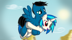 Size: 3840x2160 | Tagged: safe, artist:agkandphotomaker2000, character:dj pon-3, character:vinyl scratch, oc, oc:pony video maker, species:pegasus, species:pony, species:unicorn, canon x oc, carrying, couple, flying, holding a pony, videoscratch