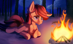Size: 2000x1197 | Tagged: safe, artist:discorded, oc, oc only, oc:cottonwood kindle, species:earth pony, species:pony, :t, campfire, colored pupils, cute, dark, fire, forest, lidded eyes, looking at something, male, night, ocbetes, prone, request, requested art, scenery, smiling, solo, stallion, tree, underhoof