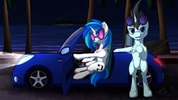 Size: 1280x720 | Tagged: safe, artist:cafecomponeis, character:dj pon-3, character:neon lights, character:rising star, character:vinyl scratch, car, female, male, shipping, straight, vinylights