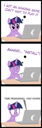 Size: 3150x9450 | Tagged: safe, artist:mrkat7214, character:twilight sparkle, character:twilight sparkle (alicorn), species:alicorn, species:pony, comic:twilight vs. computer, comic, computer, female, immortality blues, laptop computer, mare, solo, twilight will outlive her friends