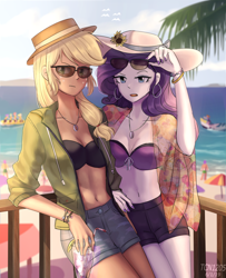 Size: 1300x1600 | Tagged: safe, artist:tcn1205, character:applejack, character:rarity, species:human, ship:rarijack, my little pony:equestria girls, anime, beach, belly button, bikini, bikini top, bracelet, breasts, clothing, cloud, cocktail umbrella, cup, cute, drink, ear piercing, earring, female, freckles, hat, humanized, jackabetes, jacket, jewelry, lesbian, looking at you, necklace, open mouth, piercing, pony coloring, raribetes, ring, shipping, sky, straw, sunglasses, swimsuit, water
