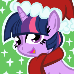 Size: 250x250 | Tagged: safe, artist:ladypixelheart, character:twilight sparkle, species:pony, species:unicorn, christmas, clothing, female, happy, hat, santa hat, scarf, smiling, solo