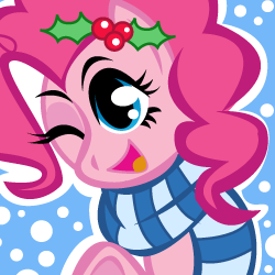 Size: 250x250 | Tagged: safe, artist:ladypixelheart, character:pinkie pie, christmas, clothing, happy, hat, santa hat, scarf, smiling, wink