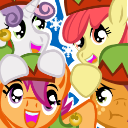 Size: 250x250 | Tagged: safe, artist:ladypixelheart, character:apple bloom, character:babs seed, character:scootaloo, character:sweetie belle, species:pegasus, species:pony, christmas, clothing, cutie mark crusaders, elf hat, happy, hat, smiling