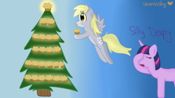Size: 1920x1080 | Tagged: safe, artist:verminshy, character:derpy hooves, character:twilight sparkle, christmas, christmas tree, competition:derpibooru 2012, facehoof, muffin, silly