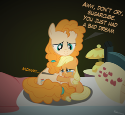 Size: 4200x3850 | Tagged: safe, artist:mrkat7214, character:applejack, character:pear butter, species:pony, comforting, crying, cute, dawwww, dialogue, duo, female, filly, filly applejack, jackabetes, mother and daughter, pearabetes, teary eyes, younger