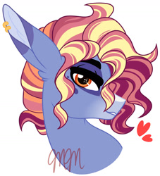 Size: 1420x1564 | Tagged: safe, artist:missmele-madness, oc, oc:belle velour, parent:hoity toity, parent:sassy saddles, parent:whoa nelly, species:mule, species:pony, pandoraverse, bust, genderfluid, heart, long ears, magical threesome spawn, multiple parents, next generation, nonbinary, offspring, portrait, simple background, solo, white background