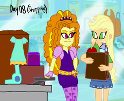 Size: 1800x1458 | Tagged: safe, artist:bigpurplemuppet99, character:adagio dazzle, character:applejack, character:aqua blossom, character:curly winds, character:velvet sky, g4, my little pony: equestria girls, my little pony:equestria girls, apple, canterlot mall, clothing, curly winds, dazzlejack, dress, dryer, female, food, grocery bag, lesbian, looking at each other, milk carton, pear, shipping, some blue guy, velvet sky