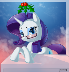 Size: 1008x1058 | Tagged: dead source, safe, artist:skyline19, character:rarity, species:pony, species:unicorn, beautiful, blushing, christmas, female, glasses, holiday, holly, holly mistaken for mistletoe, looking at you, mare, raised eyebrow, signature