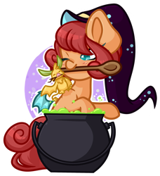 Size: 1024x1125 | Tagged: safe, artist:ak4neh, oc, oc only, oc:scarlet embers, species:bat, species:bat pony, species:pony, bat pony oc, cauldron, chibi, clothing, female, hat, mare, mouth hold, one eye closed, simple background, transparent background, wink, witch hat