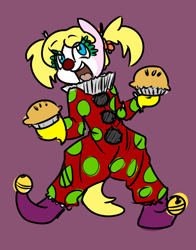 Size: 1059x1352 | Tagged: safe, artist:spheedc, oc, oc only, species:earth pony, species:pony, bells, bipedal, clothing, clown, clown makeup, clown nose, collar, digital art, female, food, mare, pie, pigtails, ruff (clothing), semi-anthro, simple background, solo