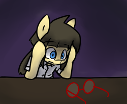 Size: 988x808 | Tagged: safe, artist:spheedc, oc, oc only, oc:sphee, species:earth pony, species:pony, clothing, digital art, existential crisis, female, filly, glasses, gradient background, mare, pigtails, solo, table