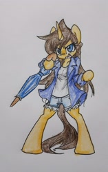 Size: 2540x4050 | Tagged: safe, artist:spheedc, oc, oc only, oc:dream chaser, species:pony, species:unicorn, bipedal, clothing, female, jacket, mare, rule 63, semi-anthro, simple background, solo, traditional art, umbrella, white background