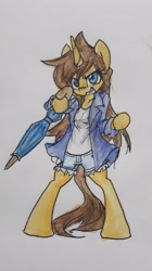 Size: 2355x4198 | Tagged: safe, artist:spheedc, oc, oc only, oc:dream chaser, species:pony, species:unicorn, bipedal, clothing, female, jacket, mare, rule 63, semi-anthro, simple background, solo, traditional art, umbrella, white background