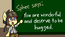 Size: 2732x1536 | Tagged: safe, artist:spheedc, oc, oc:sphee, species:earth pony, species:pony, bipedal, chalkboard, clothing, digital art, female, filly, glasses, mare, motivational, pigtails, semi-anthro, solo, teacher, teaching
