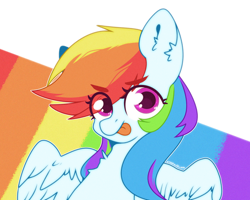 Size: 2500x2000 | Tagged: safe, artist:etoz, character:rainbow dash, species:pegasus, species:pony, bust, cute, eyebrows, female, looking at you, mare, rainbow, rainbow background, smiling, tongue out, wings