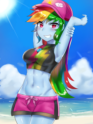 Size: 900x1200 | Tagged: safe, artist:tzc, edit, editor:rd42, character:rainbow dash, equestria girls:forgotten friendship, g4, my little pony: equestria girls, my little pony:equestria girls, anime, armpits, beach, belly button, board shorts, breasts, clothing, female, fixed, hat, humanized, jewelry, long hair, looking at you, necklace, ocean, rainbow hair, sand, solo, stretching, swimsuit