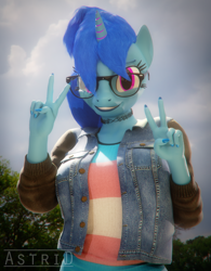 Size: 2160x2765 | Tagged: safe, artist:rinny, oc, oc only, oc:lovebrew, species:anthro, species:pony, species:unicorn, 3d, blender, blue mane, choker, clothing, denim jacket, glasses, looking at you, nail polish, peace sign, pink eyes, pride, smiling, solo, tank top, trans female, transgender, transgender pride flag, unicorn oc