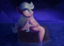 Size: 2000x1435 | Tagged: safe, artist:discorded, character:applejack, species:pony, female, fish, mare, mermaid, mermaidized, merpony, night, sitting, smiling, solo, species swap, water
