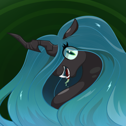 Size: 1181x1181 | Tagged: safe, artist:dyonys, character:queen chrysalis, species:changeling, bust, changeling queen, drool, drool string, fangs, female, looking at you, simple background, tongue out