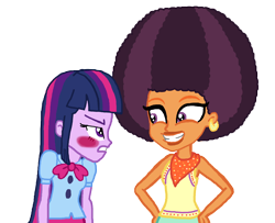 Size: 2000x1627 | Tagged: safe, artist:bigpurplemuppet99, base used, character:saffron masala, character:twilight sparkle, my little pony:equestria girls, afro, blushing, equestria girls-ified, female, lesbian, shipping, twiffron