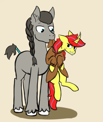 Size: 1081x1281 | Tagged: safe, artist:dyonys, oc, oc only, oc:chain steel (bill), oc:maya yamato, species:earth pony, species:pony, species:unicorn, behaving like a cat, blushing, braid, clothing, curved horn, female, height difference, horn, male, mare, mouth hold, scruff, simple background, stallion