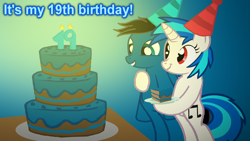 Size: 3840x2160 | Tagged: safe, artist:agkandphotomaker2000, character:dj pon-3, character:vinyl scratch, oc, oc:pony video maker, species:pony, 19 year old, birthday, birthday cake, cake, candle, canon x oc, clothing, food, hat, party hat, slice of cake, videoscratch