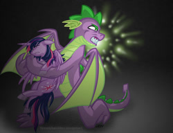 Size: 937x720 | Tagged: safe, artist:texasuberalles, character:spike, character:twilight sparkle, character:twilight sparkle (alicorn), species:alicorn, species:dragon, species:pony, angry, duo, eyes closed, fangs, female, gradient background, male, mare, older, older spike, protecting, simple background, winged spike