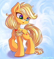 Size: 2748x2979 | Tagged: safe, artist:chaosangeldesu, character:applejack, species:earth pony, species:pony, abstract background, cute, dragonfly, female, jackabetes, mare, open mouth, raised hoof, solo