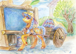 Size: 1500x1076 | Tagged: safe, artist:kirillk, artist:maytee, oc, oc only, oc:veoria, species:earth pony, species:pony, braid, braided ponytail, braided tail, cart, clothing, collaboration, colored pencil drawing, conical hat, dofus, hat, looking at you, ponified, ponified oc, raised hoof, rickshaw, solo, traditional art