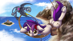 Size: 1024x576 | Tagged: safe, artist:cafecomponeis, character:gabby, oc, species:griffon, species:pony, species:unicorn, adventure, canon x oc, cutie mark, flying, hanging, island, mountain, rope, saddle bag, underhoof