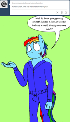Size: 1110x1920 | Tagged: safe, artist:americananomaly, character:rainbow dash, species:anthro, anthroquestria, ask, male, rainbow blitz, rule 63, solo, tracksuit, tumblr