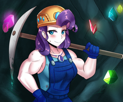 Size: 800x667 | Tagged: safe, artist:tzc, character:rarity, my little pony:equestria girls, anime, clothing, commission, female, geode of shielding, hard hat, hat, helmet, magical geodes, miner, muscles, overalls, pickaxe, ripped rarity, safety helmet, smiling, solo