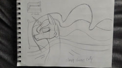 Size: 900x507 | Tagged: safe, artist:supra80, character:princess celestia, species:pony, bed, bedsheets, pencil drawing, pillow, sketch, sketchbook, sleeping, traditional art