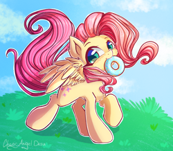 Size: 2874x2509 | Tagged: safe, artist:chaosangeldesu, character:fluttershy, species:pegasus, species:pony, :t, blushing, cheek fluff, chest fluff, cute, dawwww, donut, female, food, grass, hnnng, leg fluff, looking at you, mare, mouth hold, nom, outdoors, raised hoof, shyabetes, signature, smiling, solo, spread wings, three quarter view, weapons-grade cute, wing fluff, wings