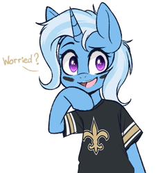 Size: 1181x1240 | Tagged: safe, artist:higgly-chan, character:trixie, species:pony, species:unicorn, american football, clothing, cute, dialogue, diatrixes, female, jersey, mare, new orleans saints, nfl, nfl playoffs, open mouth, shirt, simple background, solo, sports, white background