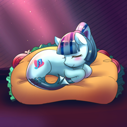 Size: 600x600 | Tagged: safe, artist:tzc, character:sonata dusk, species:seapony (g4), blushing, cute, eyes closed, female, food, merpony, pillow, seaponified, sleeping, solo, sonatabetes, sonataco, species swap, taco
